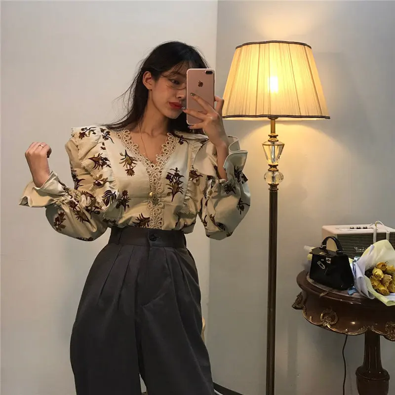 Женская кружевная рубашка с рюшами Alien Kitty элегантная Свободная цветочным