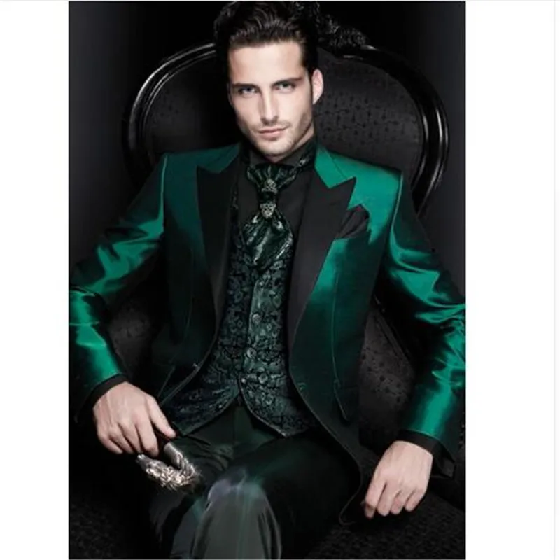 Облегающий зеленый атласный мужской костюм 3 шт. (пиджак + брюки искусственная
