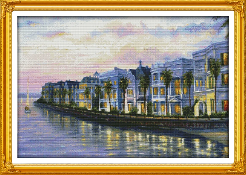 Night at the Приморский виллы вышивка крестиком комплект Пейзаж сада подсчет печатных