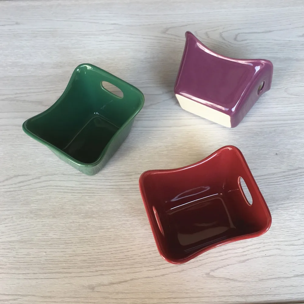 Stoneware 3-Piece Square Ramekin Set 3 colors Assorted Red Purple and Green ceramic loaf pan |