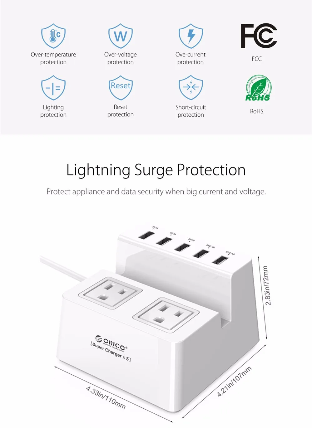 ORICO ODC-2A5U-V1, умное настольное зарядное устройство, 5 usb портов, 2 розетки переменного тока, Расширительная розетка для iPhone 7, мобильного телефона