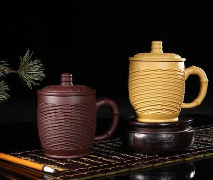 Hand-carved Yixing purple sand Teacups bamboo-type modeling Zisha Cup with lid Office old Purple Clay Tea cup gifts  non-ceramic