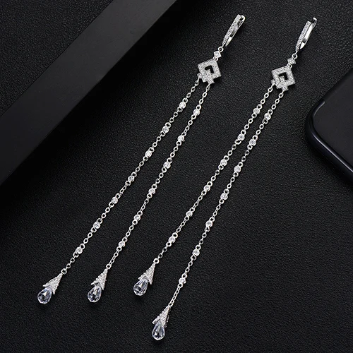 Silver GODKI 142 мм супер длинные серьги с кисточками в виде капель, геометрические кубические циркония, американские серьги для свадебной вечеринки, модные ювелирные изделия для женщин - Окраска металла: Silver