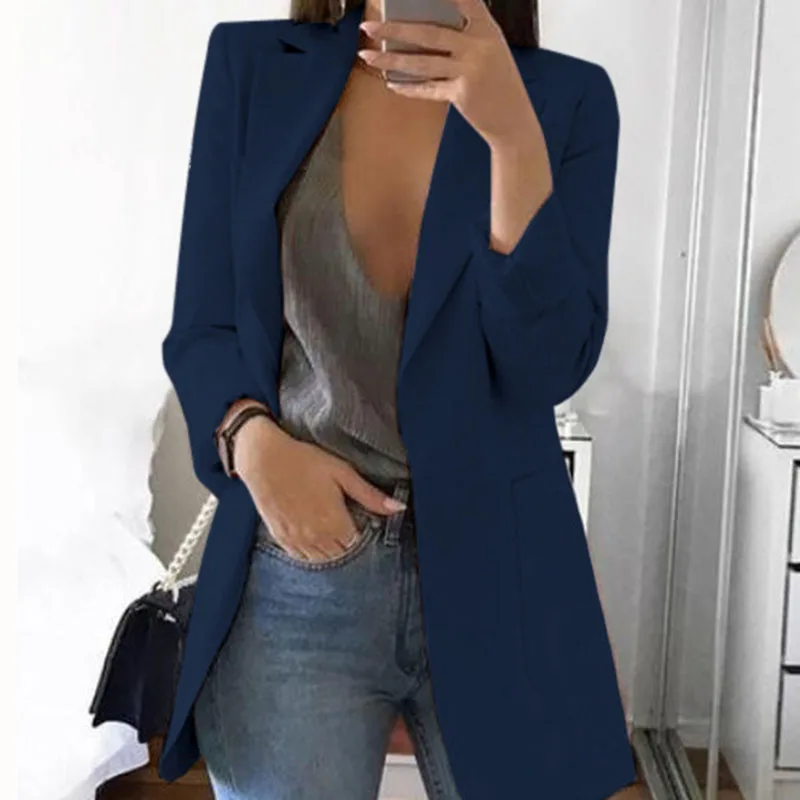 Autumn Office lady Long Slim Blazers Suit Women white Notched Blazer Coat Casual elegant long sleeve Female Business suit - Цвет: dark blue