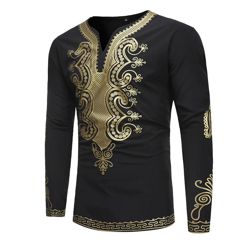 New Men's Casual Top Printed with African Turkish Ethnic Tshirt For Men Fashion Long Sleeve V-neck T-shirt Clothes | Мужская одежда