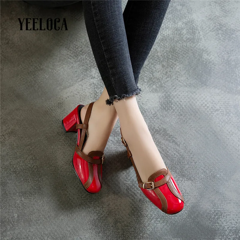 

YEELOCA 2019 summer women sandals pointed toe med high heels cross tied buckle strap casual red leisure woman shoes