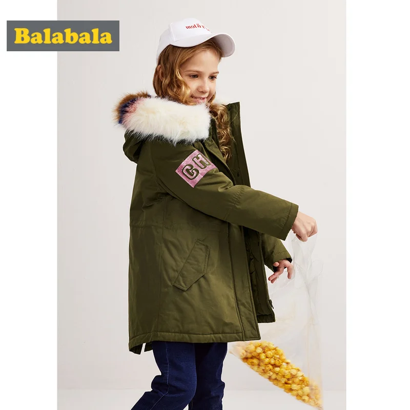 Balabala/длинная безморозная куртка со съемным искусственным мехом на капюшоне для девочек-подростков, куртка с капюшоном на молнии и кнопках