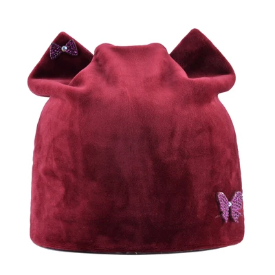 Winter hats for women beanies Cute bow ornament Cat bone girls Lovely beanie Ladies Russia gorros Flannel Soft Autumn Caps woman - Цвет: Красный