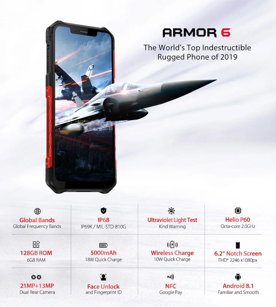 Ulefone Armor 6 IP68 IP69K Android 8,1 смартфон 6," Helio P60 6G+ 128G Face ID Беспроводная зарядка прочный водонепроницаемый мобильный телефон