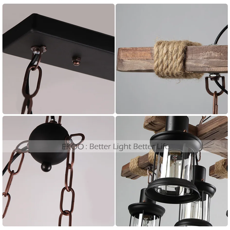 EKOO-Lámpara de araña de madera de Industrial Retro Vintage, luz rústica de hierro para restaurante, bar y sala de estar, 8 Uds.