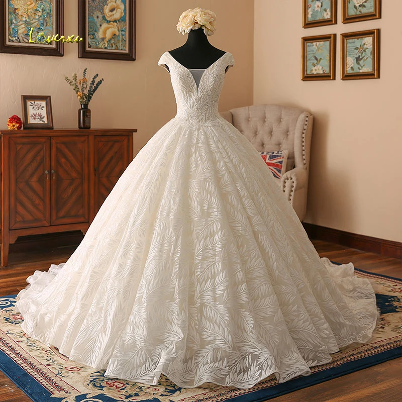 Loverxu Vestido De Noiva, кружевное бальное платье с v-образным вырезом, свадебные платья,, рукав-крылышко, вышивка бисером, винтажное свадебное платье размера плюс
