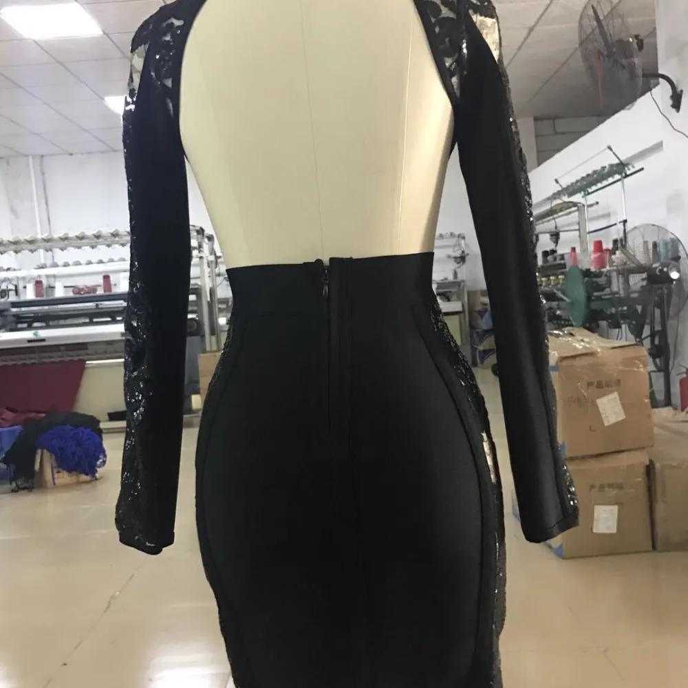 

rayon black backless long sleeve see through 2019 newest arrival lace knee length party bandage dress