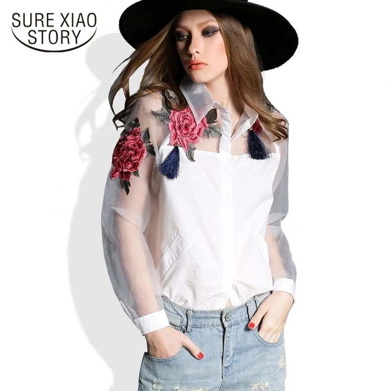 2019 летняя новая мода vestidos кардиганы цветок вышивка органза рубашка сетки camisetas