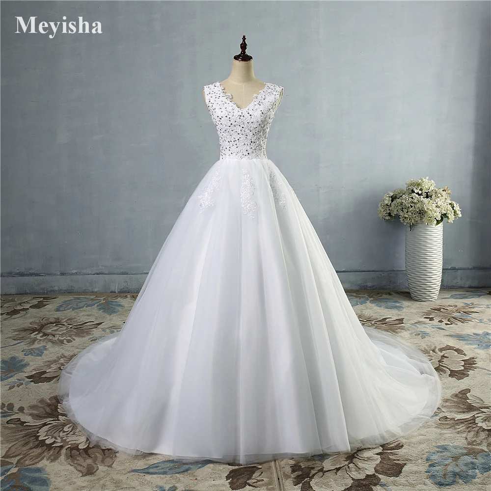 

ZJ9064-S 2023 White Ivory Gown Tulle Beads Crystal Beads V Neck Wedding Dresses Brush Sweep Train For Bride Dress Plus Size