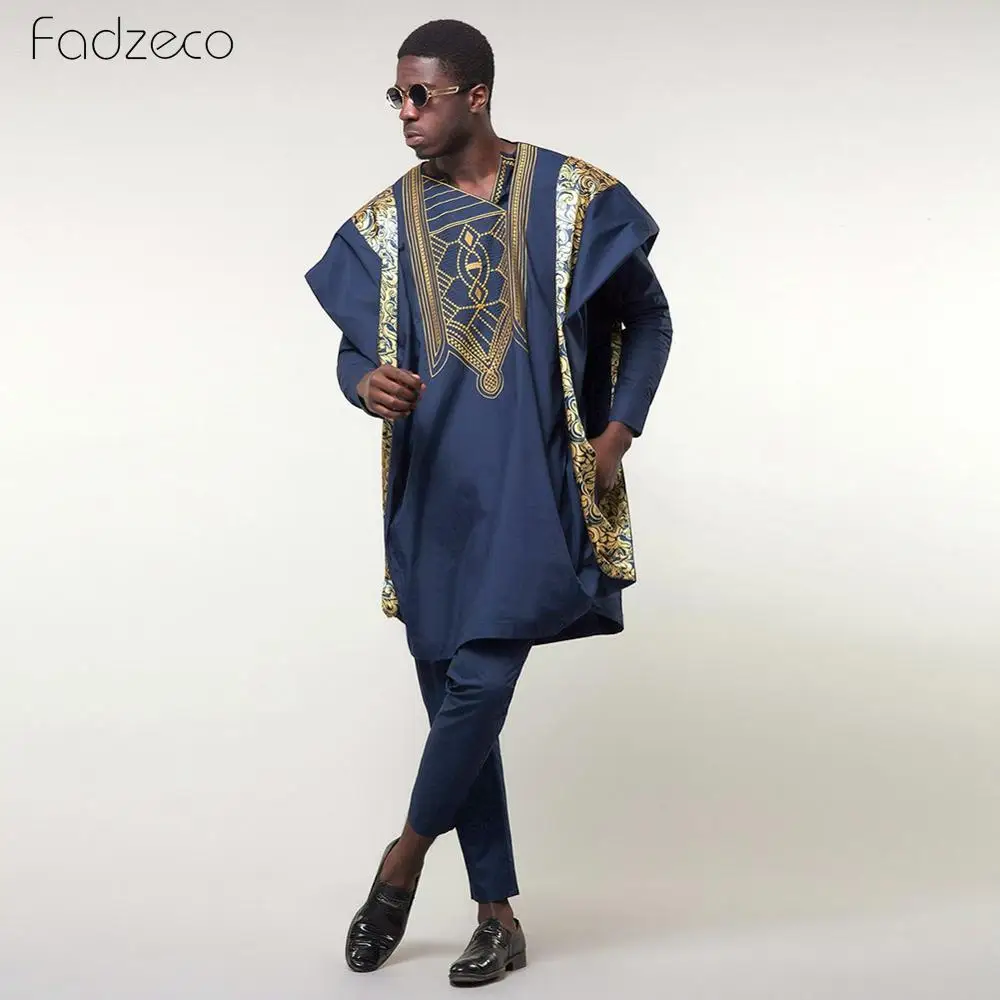 Fadzeco африканские мужские костюмы Дашики топ рубашка брюки комплект из 3 предметов