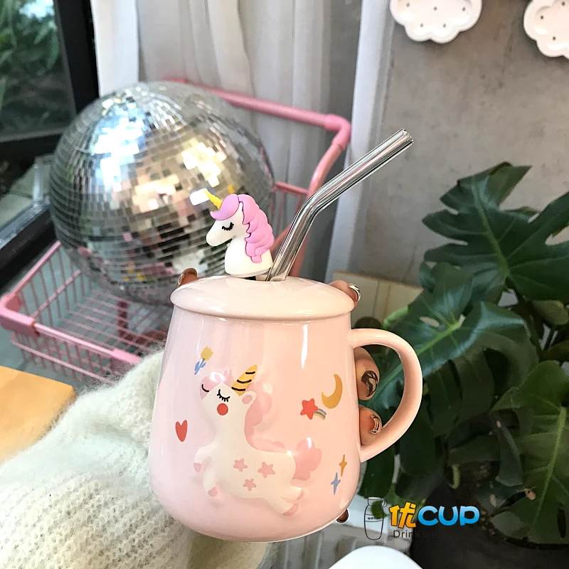 pink(spoon . straw) Креативная Милая кофейная кружка с изображением сердца единорога, соломенная чашка, керамическая Корейская версия, Студенческая домашняя чашка для воды, лучший подарок - Цвет: pink(spoon . straw)