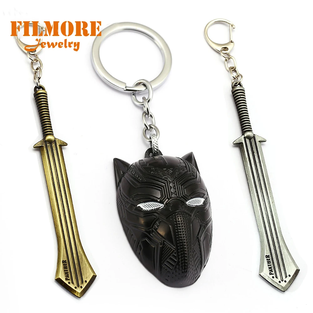 

2018 Hot Movie Black Panther Mask Keychains Avenger Superhero Bronze Weapon Sword Alloy Pendant KeyRings for Men Car Bag Jewelry