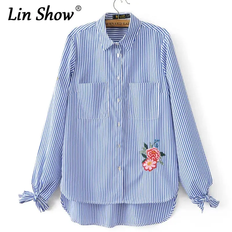 LINSHOW Дизайн Лук С Длинным Рукавом в Полоску Женщины Блузки Цветочной Вышивкой