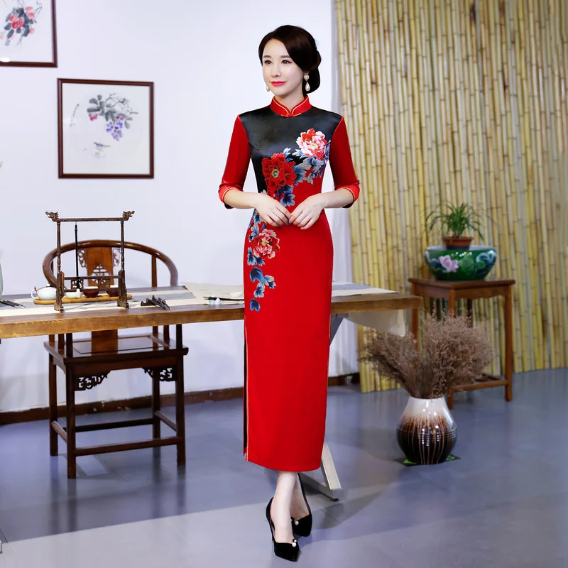

2019 Spring Long Lady Cheongsam Novelty Chinese style Dress Women Velour Qipao Slim Party Dresses Lady Button Vestido Size S-5XL