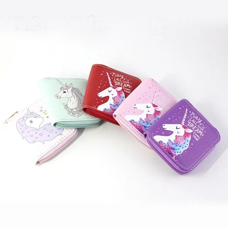 Unicorn Zipper Short Wallets For Women PU Cartoon Printed Clutch Purses Credit Cards Holder Mini Girls Notecase Burses | Багаж и сумки