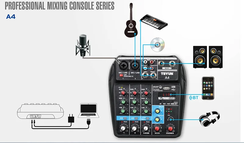 Профессиональная 4 канальная микшерная консоль с поддержкой Bluetooth и USB|Микрофоны|