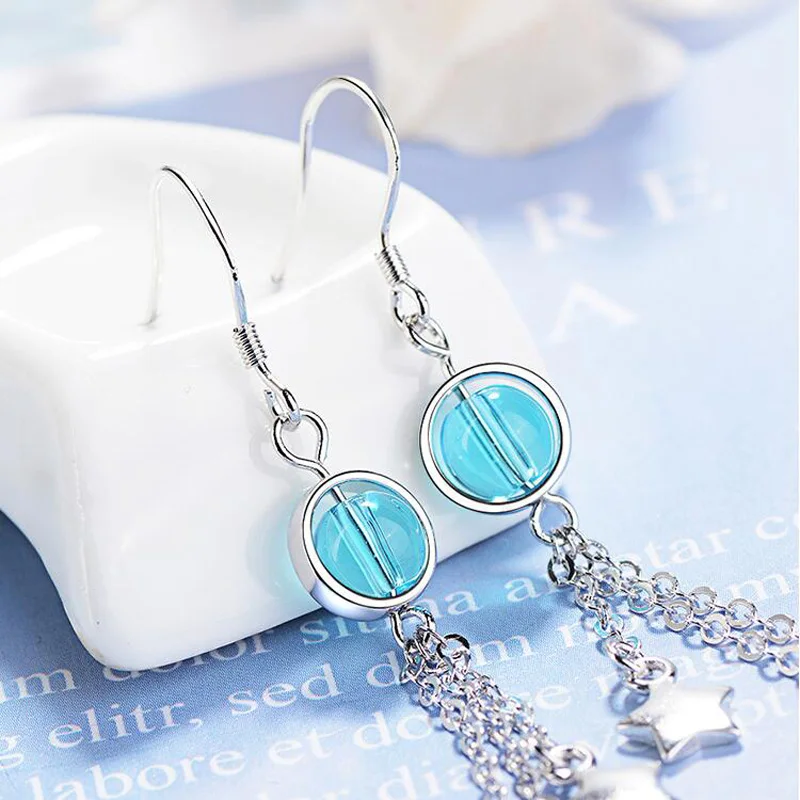 Модные простые серьги с подвесками из кристаллов голубого цвета на длинной серебряной цепочке с пятиконечной звездой и кисточками - подарок для женщин и девочек на вечеринку.