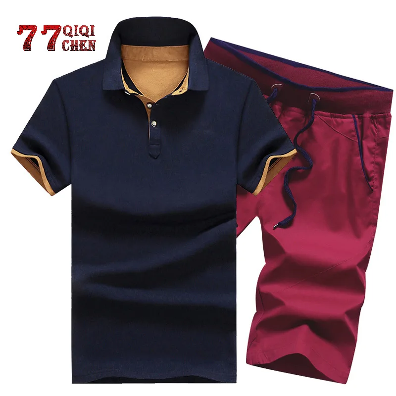 Мужские комплекты летней хлопковой рубашки поло на пуговицах + шорты костюмы с