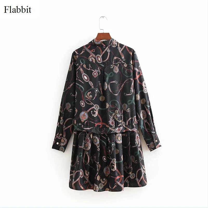 Flabbit women retro chain print shirtwaist hem ruffles dress ladies casual long sleeve stylish femme loose vestidos DS257 | Женская