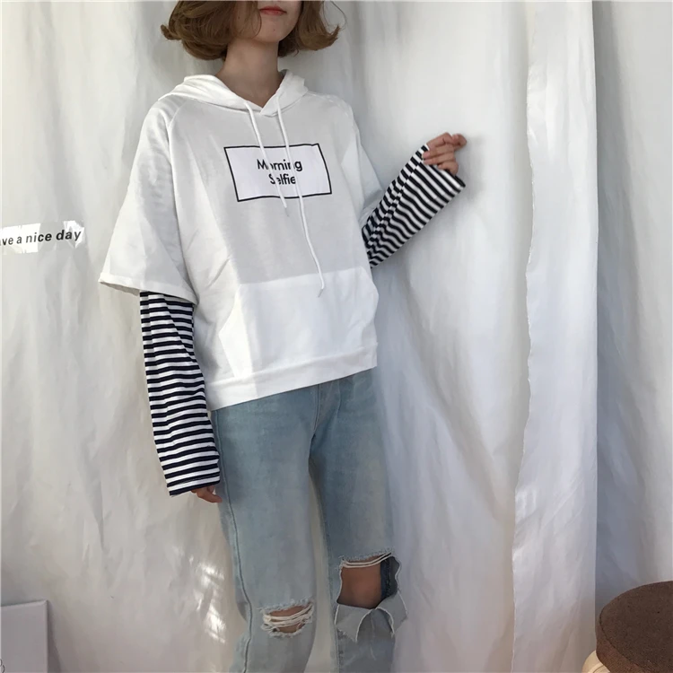 Корейский размера плюс Лоскутная с длинным рукавом полосатая Повседневная Уличная поддельная 2 шт с буквенным принтом пуловер свободная с капюшоном футболка