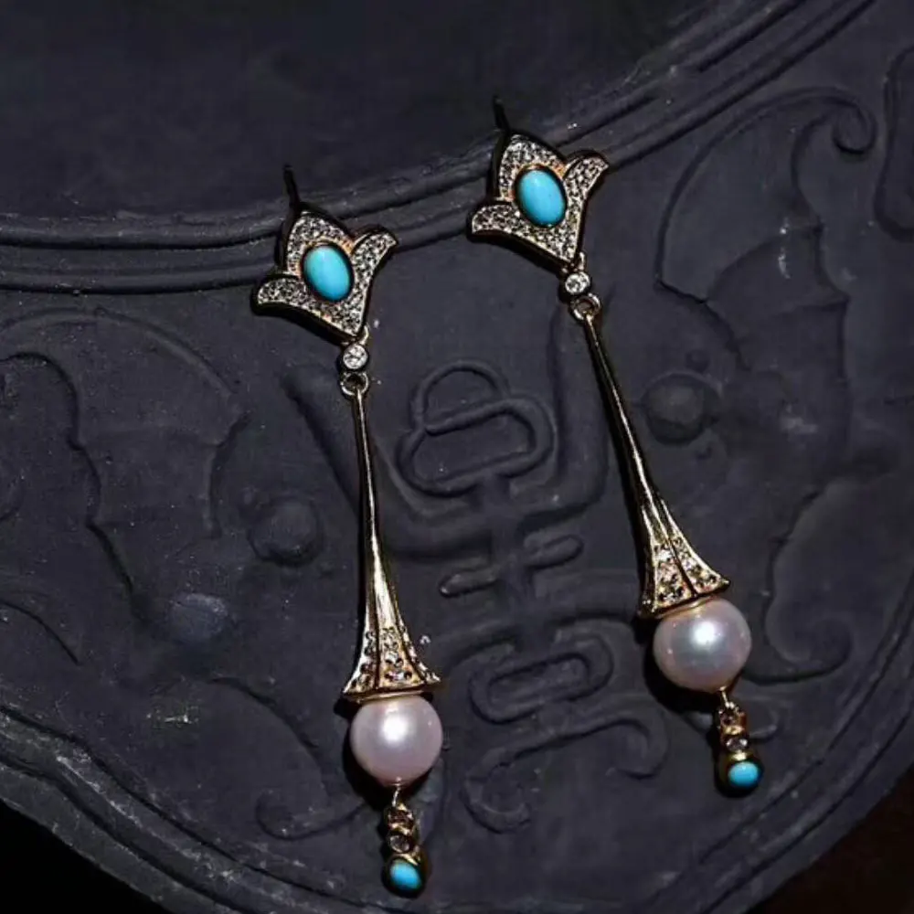 Женские серьги из натурального серебра 925 пробы с бирюзой и натуральным жемчугом