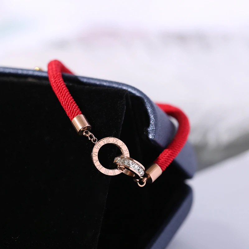 

YUN RUO Roman Number Zircon Red Line Bracelet Fashion Elegant Woman Girl Gift Rose Gold Color Titanium Steel Jewelry Never Fade