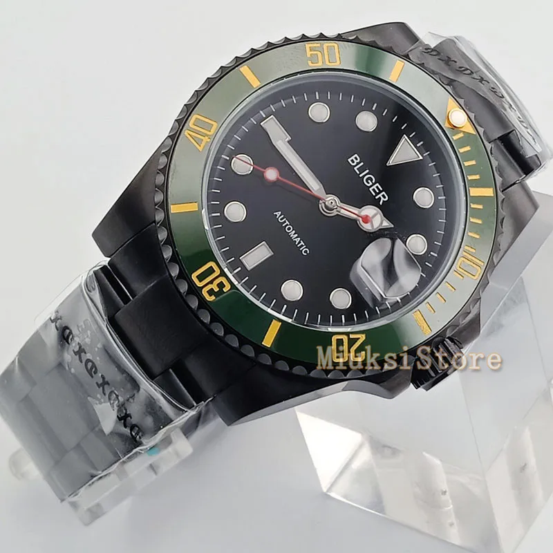 40 мм черный циферблат спортивные мужские часы светящиеся автоматические