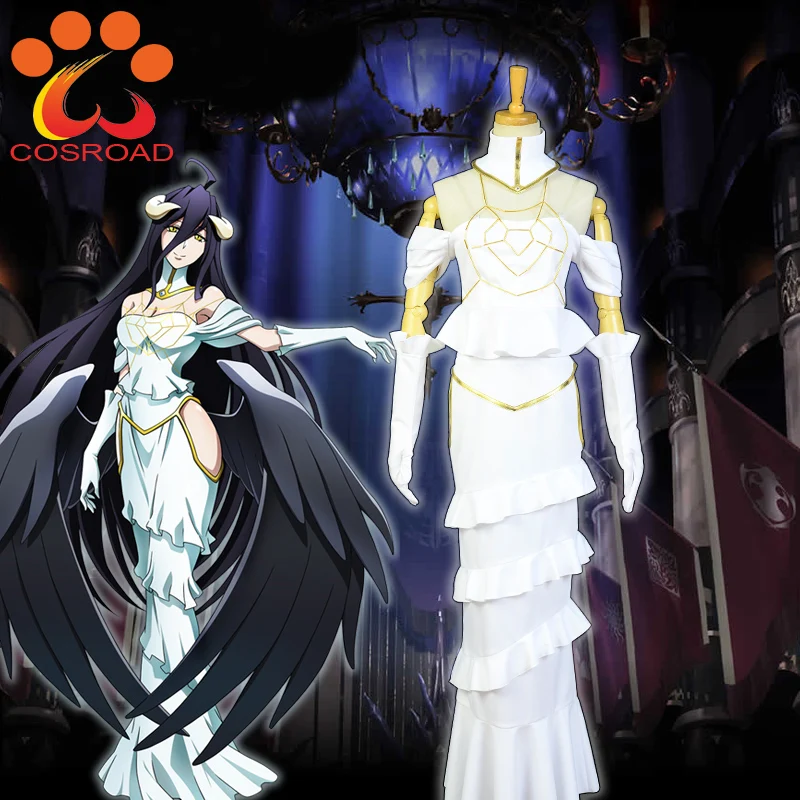 Cosroad Overlord Albedo костюмы для косплея женские белые платья рога парики вечеринки на