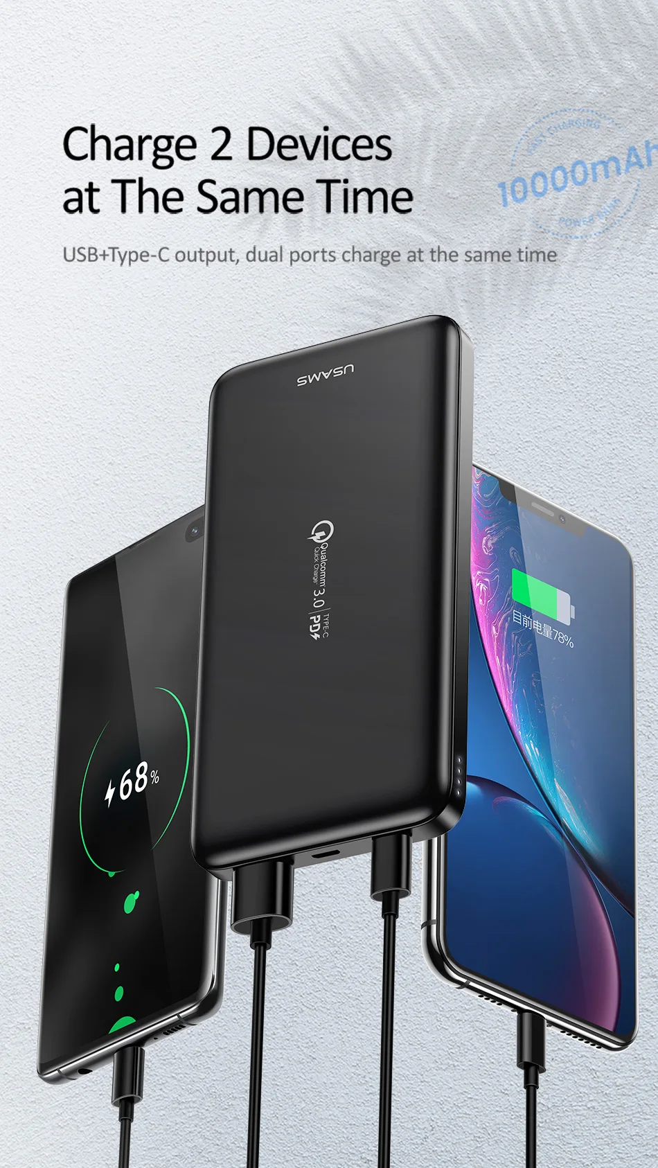Внешний аккумулятор PD QC3.0 USAMS power bank для iPhone Xiaomi Quick Charge 3,0 портативное Внешнее зарядное устройство для мобильного телефона huawei