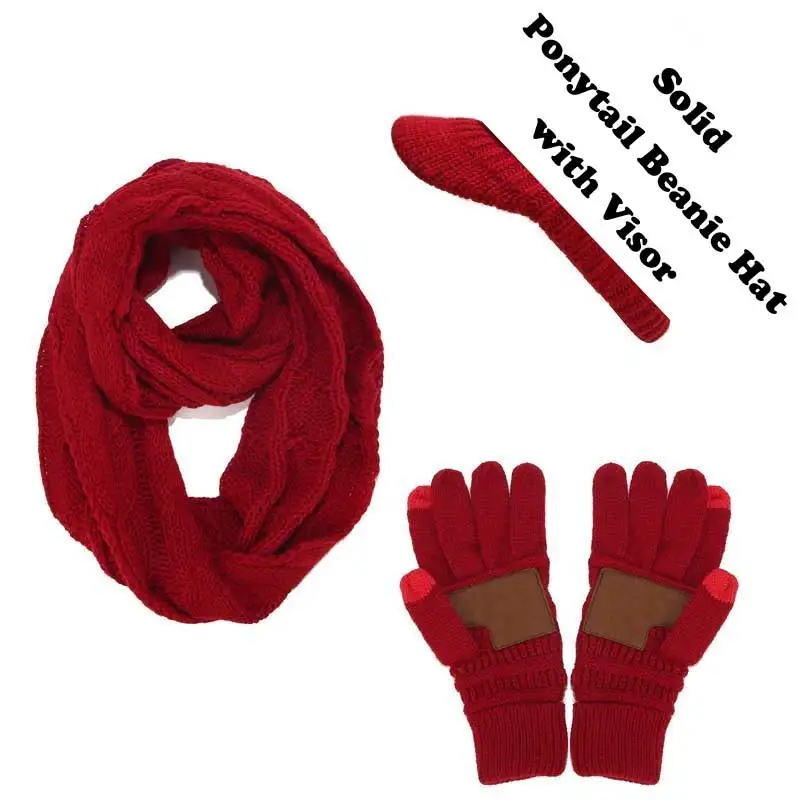 B-Solid-Wine red Ponytail Beanie Women Scarf Hat Glove Sets Knitted Winter Cap Warm Skullies Beanies Woolen Hats Casual Female Slouchy Knit Caps - Color: B-Solid-Wine red