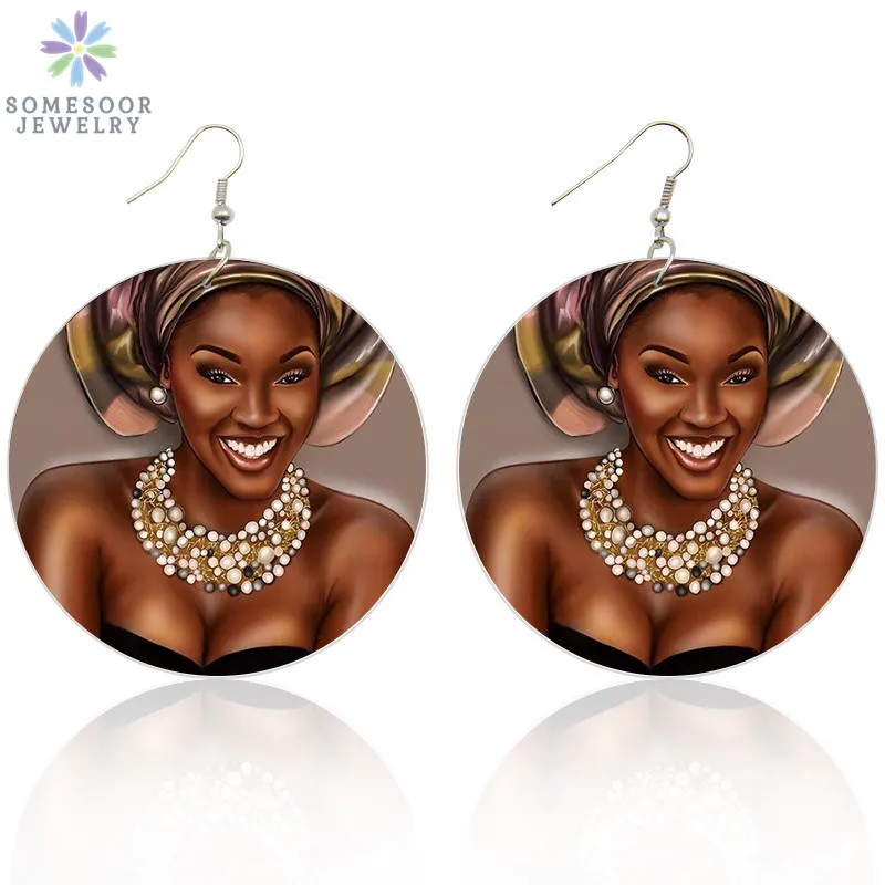 

SOMESOOR 6cm Vintage Black Queen African Wooden Drop Earrings Headwrap Woman Both Sides Printing Afro Art Dangle Jewelry Gifts