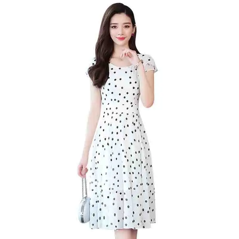Шифоновое платье Для женщин летние горошек печати с коротким рукавом vestidos mujer 2019
