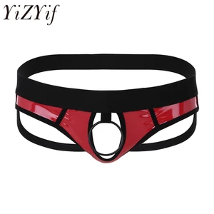 Сексуальные мужские трусы, нижнее белье, блестящая искусственная кожа, открытая спина, открытая спина, бандаж, Короткие стринги с отверстием для пениса, уплотнительное кольцо
