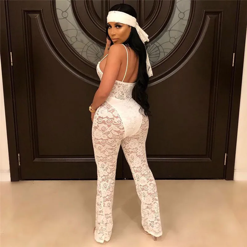 Женский клубный комбинезон облегающий кружевной с топом на бретельках