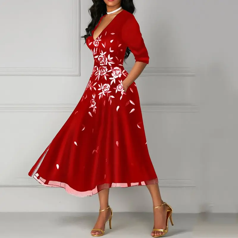 Для женщин Винтаж платье элегантное миди пикантные вечерние V образным вырезом