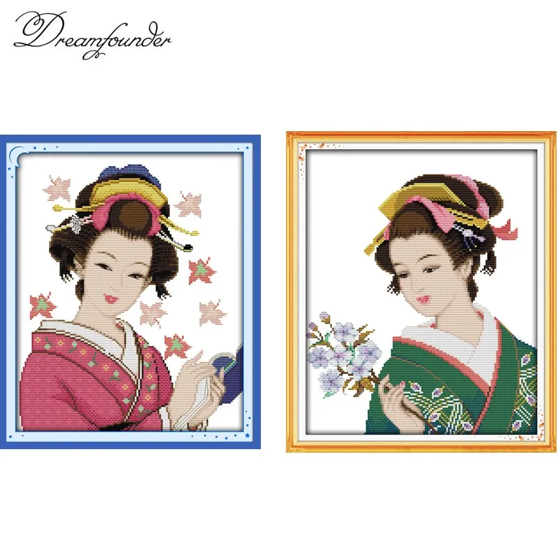 

Japanese girl flower book cross stitch kit people 18ct 14ct count canvas stitches embroidery DIY handmade needlework plus