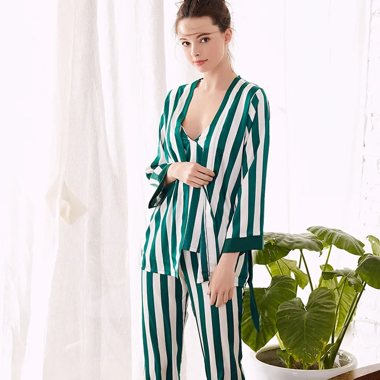 2020 новый дизайн Для женщин Сатиновые пижамы наборы халат + подтяжки штаны костюмы