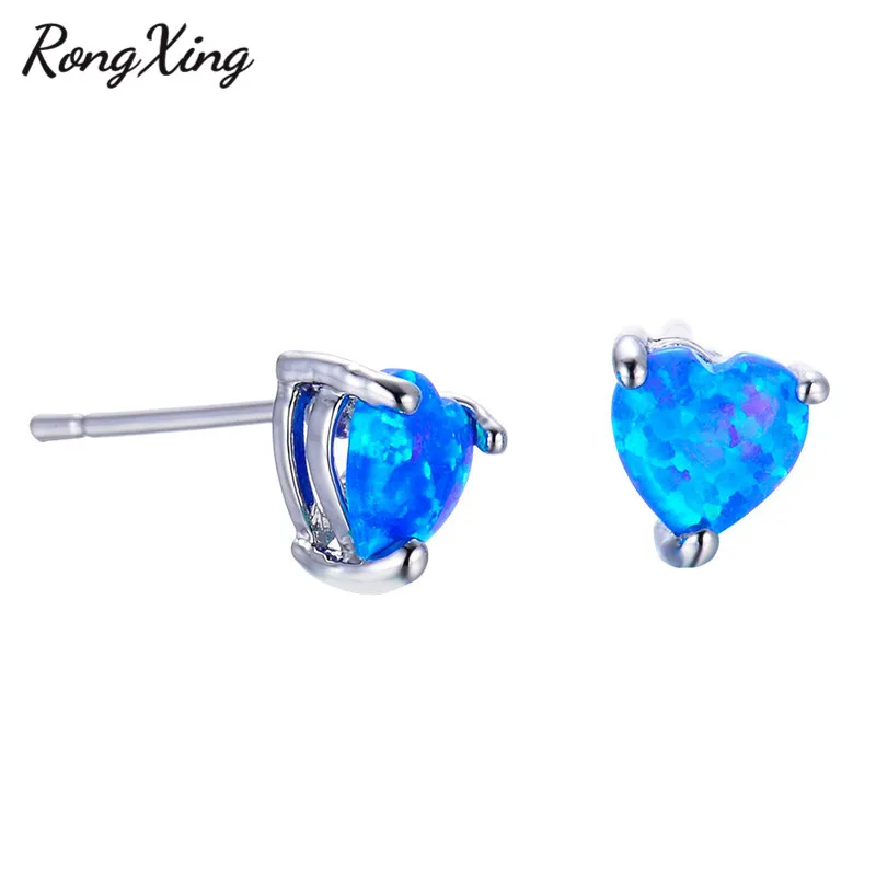 Blue RongXing белый/синий огненный опал сердце серьги гвоздики для женщин серебро 925 пробы Серьги Ювелирные подарки Ear0656 - Окраска металла: Blue