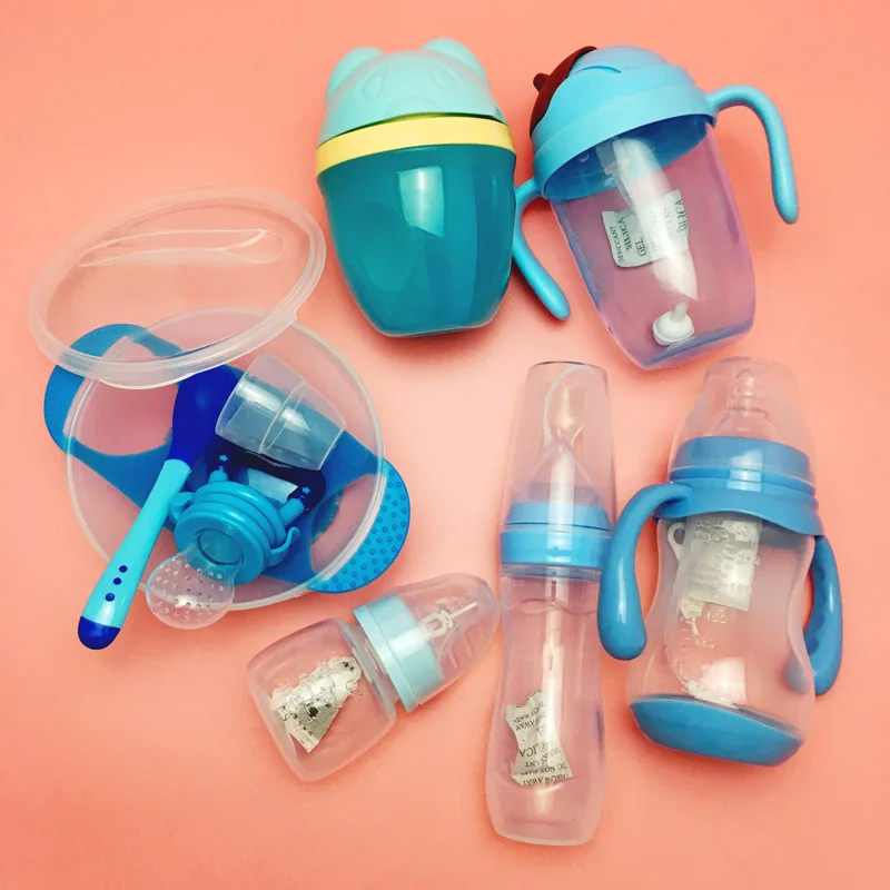 Blue 7Pcs Новая мода, 7 в 1 младенца кормление грудью бутылочка для кормления, комплект для новорожденных с узором из молочных для бутылки, стакана чаша подарочный набор футболок для детей, Еда Набор для кормления для приправ - Цвет: Blue 7Pcs