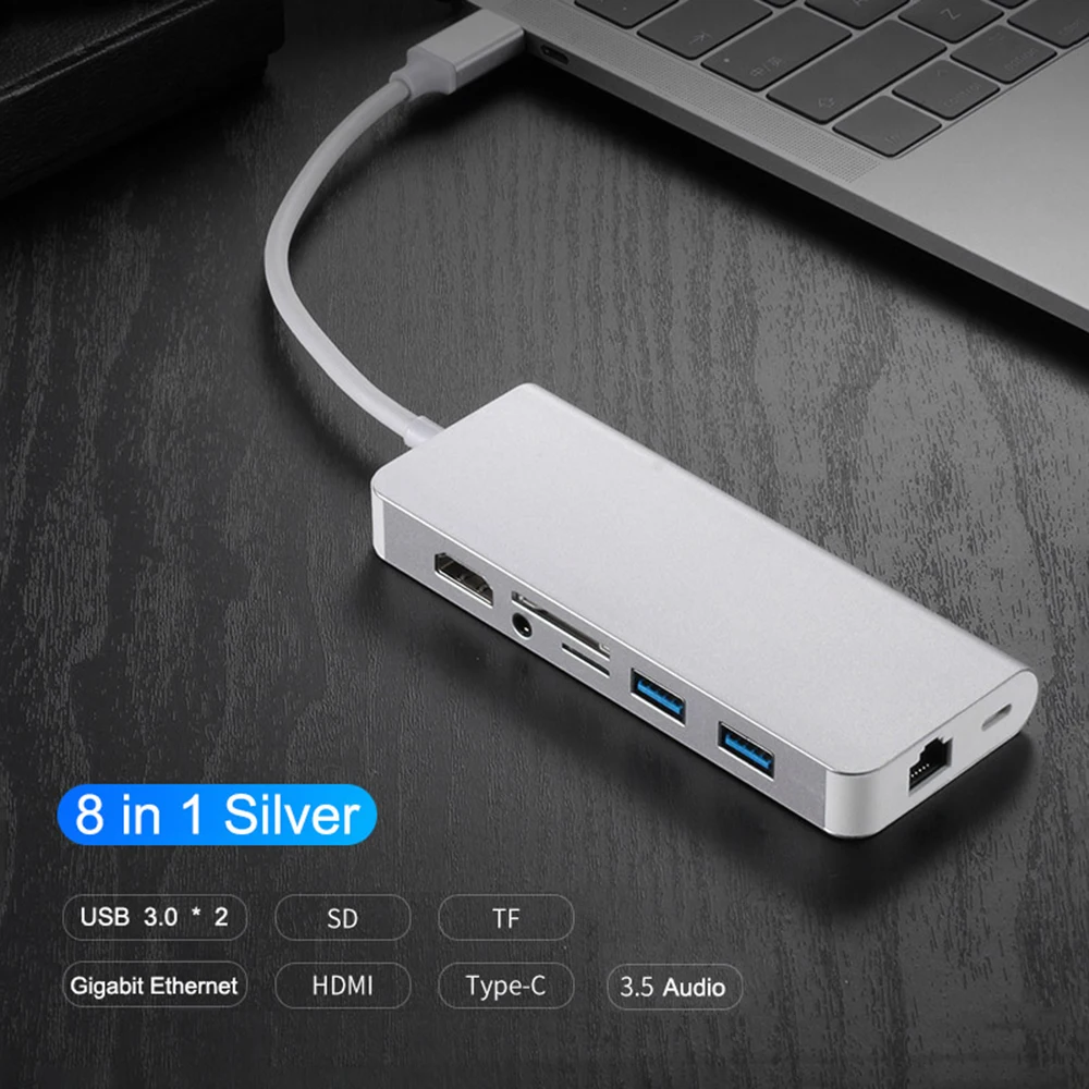 8 в 1 type C концентратор USB-C-HDMI RJ45 Gigabit 3,5 мм аудио SD TF кардридер USB3.0 PD зарядный USB-C Кабель-адаптер для ноутбука Mac