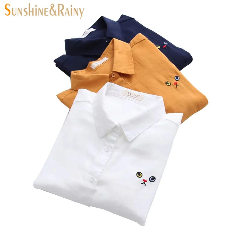 2018 весна осень Женская хлопковая свежая блузка с вышитым котом длинным рукавом