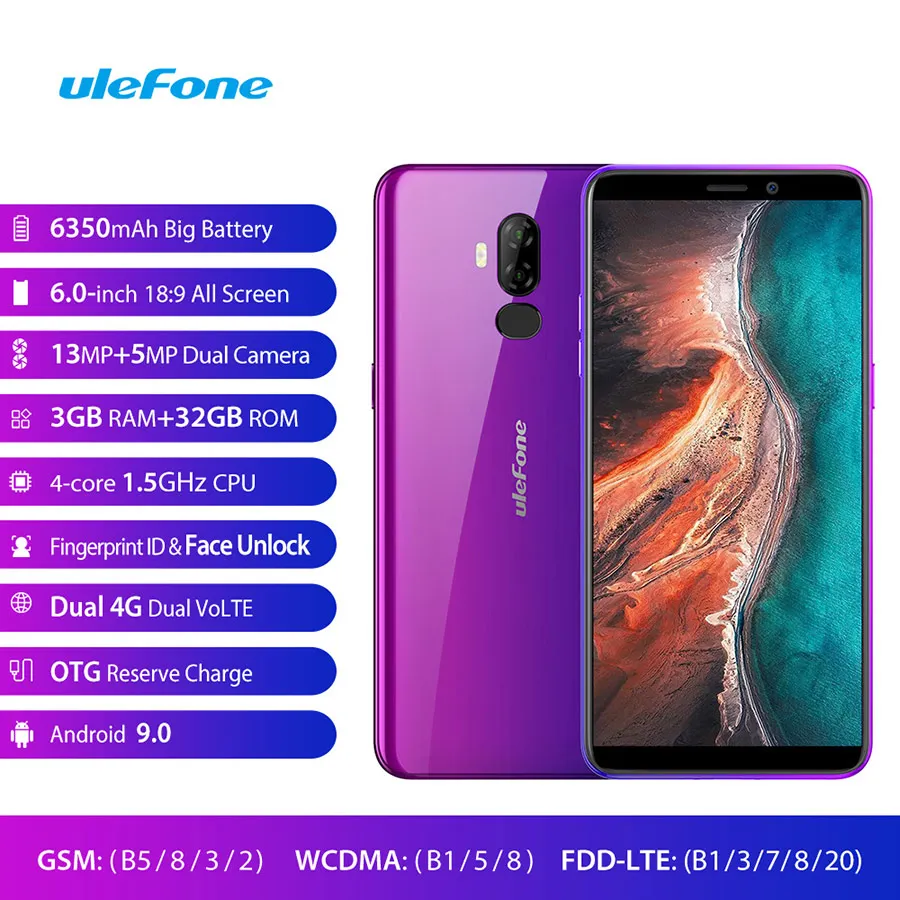Ulefone P6000 Plus Android 9 0 6350 мАч смартфон 6 дюймов Face ID HD + Двойная камера Ouad Core 3 ГБ 32 ID4G LTE