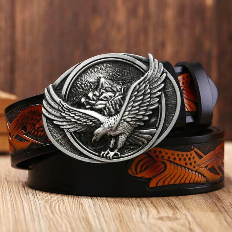 Ремень мужской из натуральной воловьей кожи модный широкий пояс с пряжкой