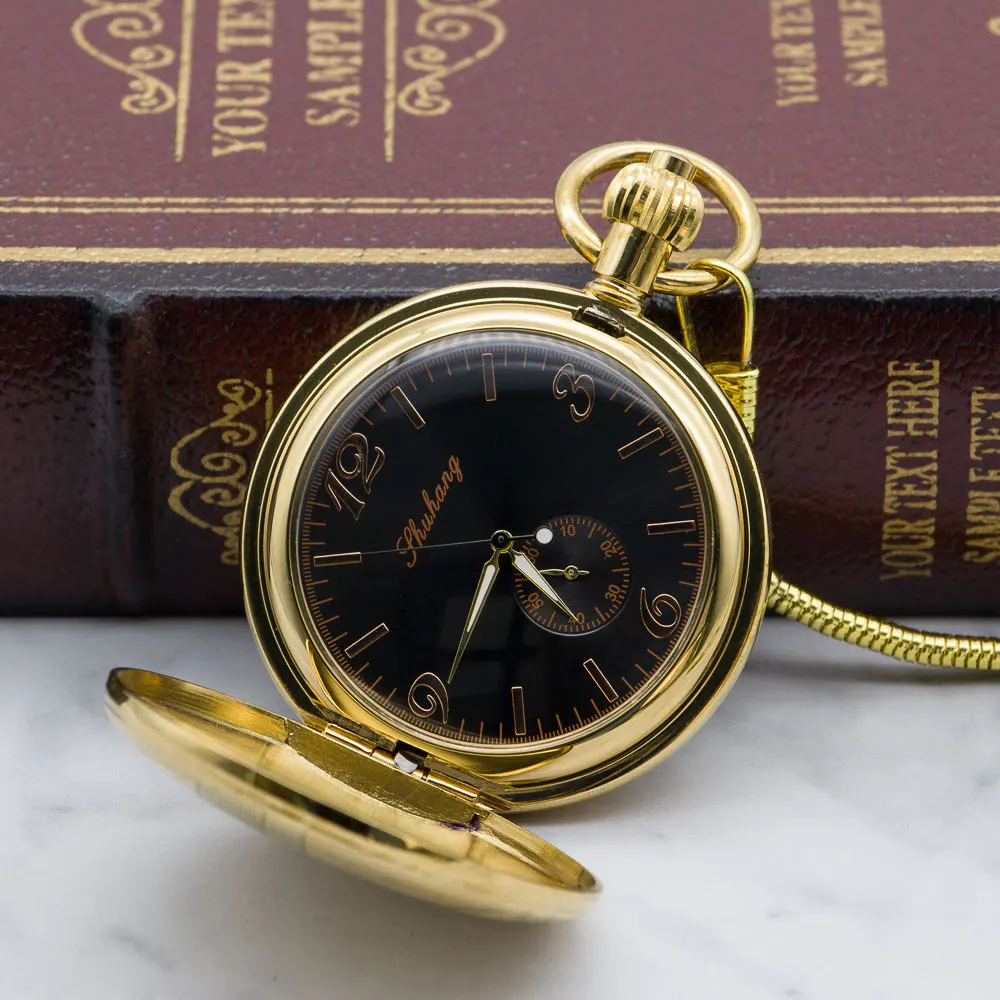 Vintage Men Mechanical Pocket Watch Classic Fob Watches Retro Vintage Gold Case Black Dial for Men Women PJX1319