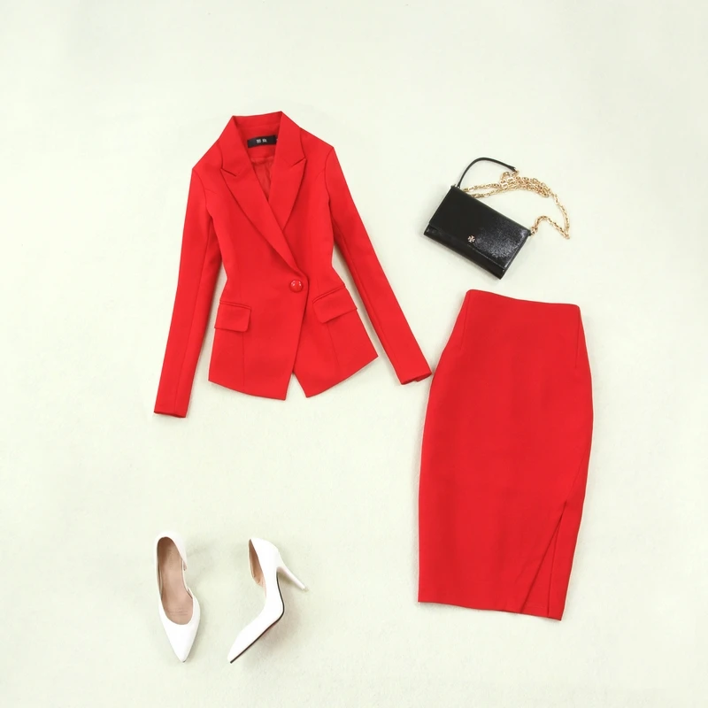 Женский 2019 Весна Лето Большой/размера плюс женский красный костюм + юбка карандаш